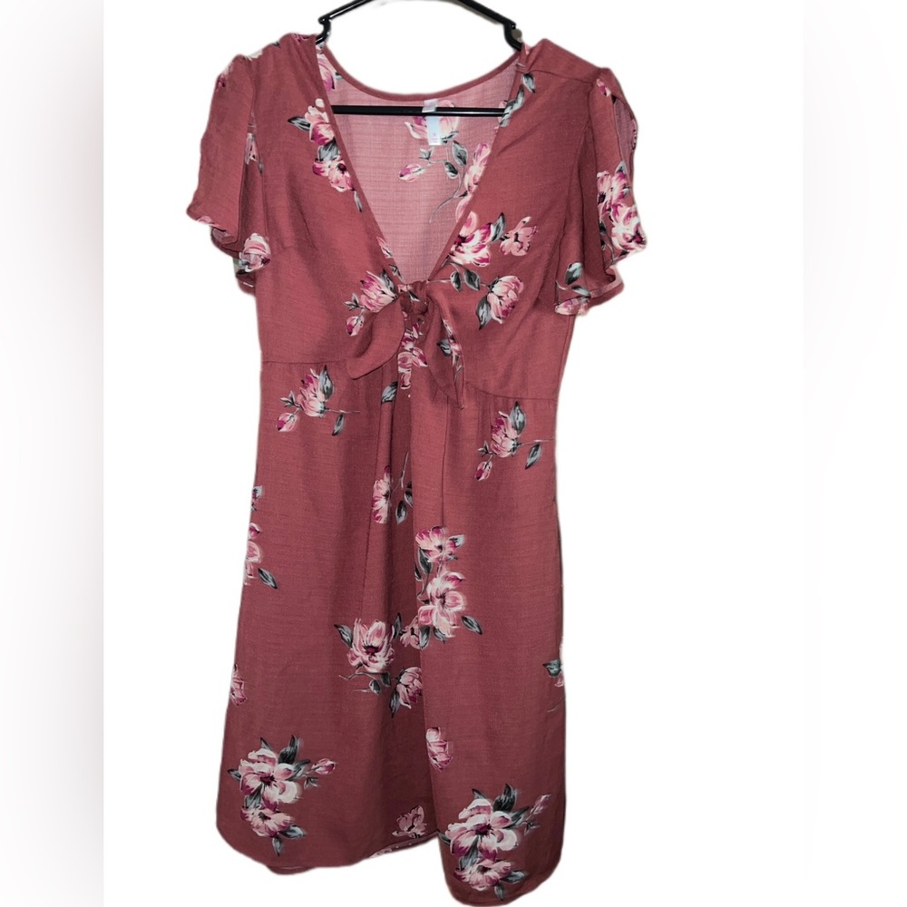 Xhilaration Women's Floral Print Elbow Sleeve V-Neck Tie Front Mini Dress